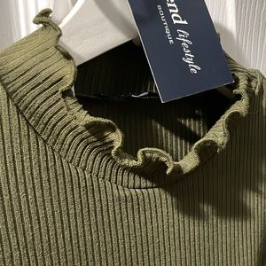 Army Green Ribbed Sleeveless Turtleneck Tank top. Lettuce edge.